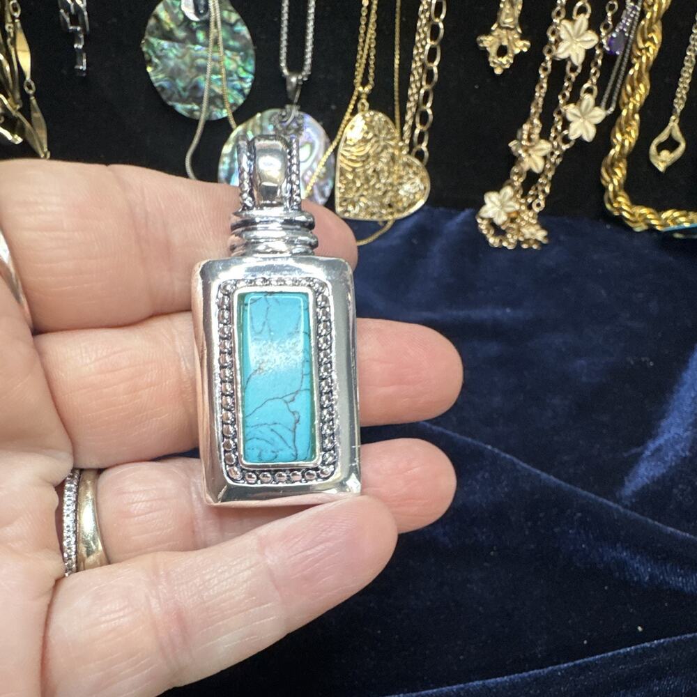 Roman Silver Plated Rectangle Blue Turquoise Bezel Set Pendant Signed